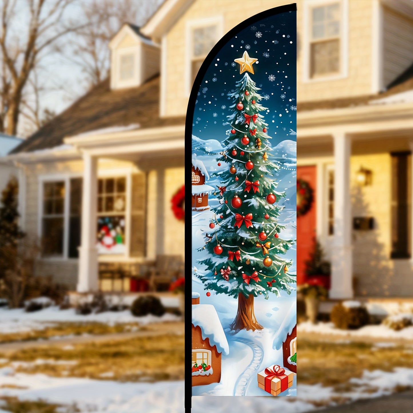 Christmas Feather Flag with Pole Kit, Outdoor Holiday Decoration Banner, Christmas Tree Advertising Flag, Winter Festival Yard Sign, Storefront Holiday Display Flag, Optional Aluminum or Fiberglass Pole, Durable Polyester Fabric