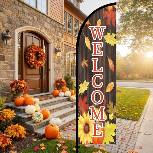 1pc Fall welcome feather flag with flagpole, Halloween flag, Autumn Wind Flag for Outside Maple Leaf Pumpkin Sunflower Swooper Banner Sign for Garden Outdoor, optional aluminum flagpole, flag size 50x185cm/72.8*19.7 inches, polyester fabric