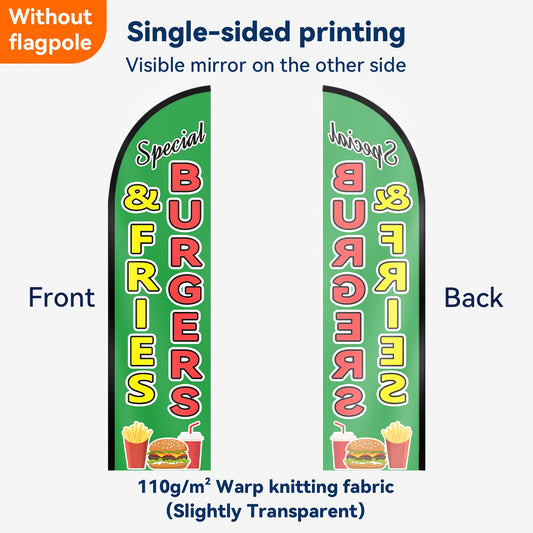 1pc Burgers & Fries Feather Flag, Business Shop Sign, Banner Decorative Flag, Suitable for Outdoor Advertising Promotions, Polyester Fabric, Double/Single Sided Printing, Flag Solely, Excluding Flagpole