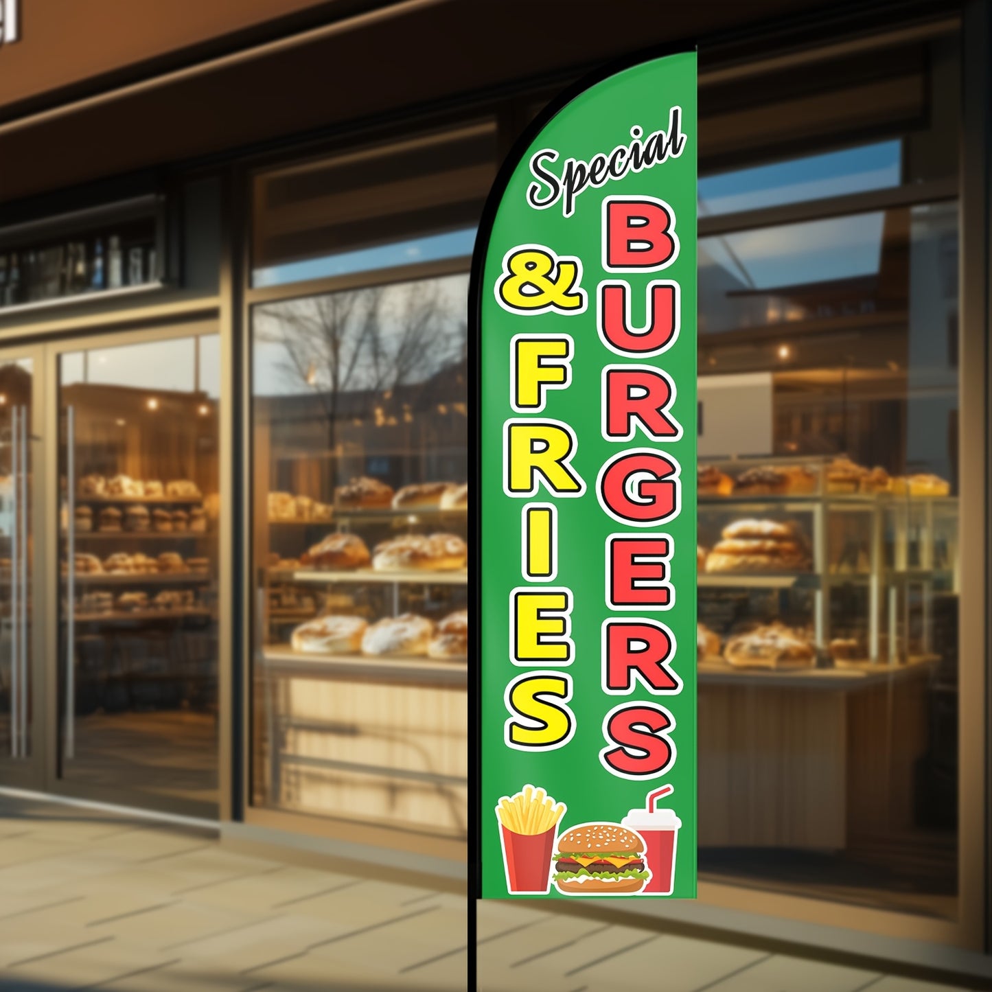 1pc Burgers & Fries Feather Flag, Business Shop Sign, Banner Decorative Flag, Suitable for Outdoor Advertising Promotions, Polyester Fabric, Double/Single Sided Printing, Flag Solely, Excluding Flagpole