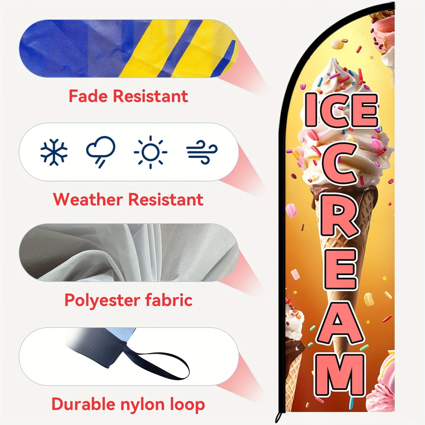 One Ice Cream Feather Flag Complete with a Flagpole, Ideal for Dessert Shops. This Outdoor Sign for Frozen Treats Can Be Used for Ice Cream Truck Displays And Promotions. It Measures 72.8 by 50.04 cm And Is Available with an Optional Pole Kit