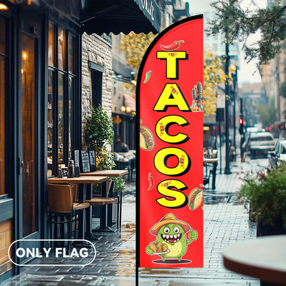 1pc Tacos Feather Flag, Outdoor Flags, Store Signboard Banner, for Commercial Advertising Promotions, 48.77x201.17cm, Polyester Fabric, fade resistant, Weather resistant. Flag only (excluding flagpole)