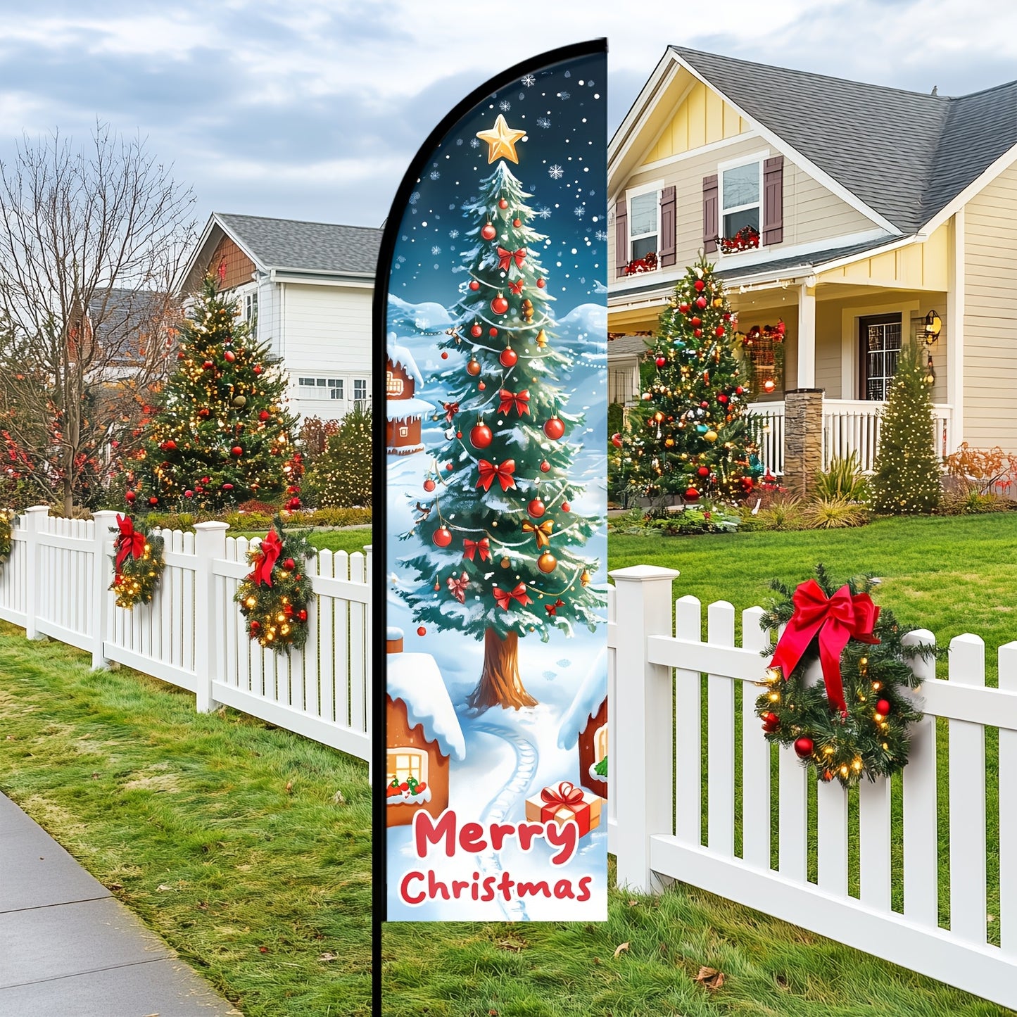 1pc Festive Christmas Feather Flag - Durable Polyester Outdoor Holiday Decoration, Multipurpose Merry Christmas Tree Design, No Electricity Needed, Flag Only (Pole Not Included)