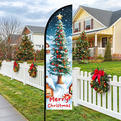 1pc Festive Christmas Feather Flag - Durable Polyester Outdoor Holiday Decoration, Multipurpose Merry Christmas Tree Design, No Electricity Needed, Flag Only (Pole Not Included)