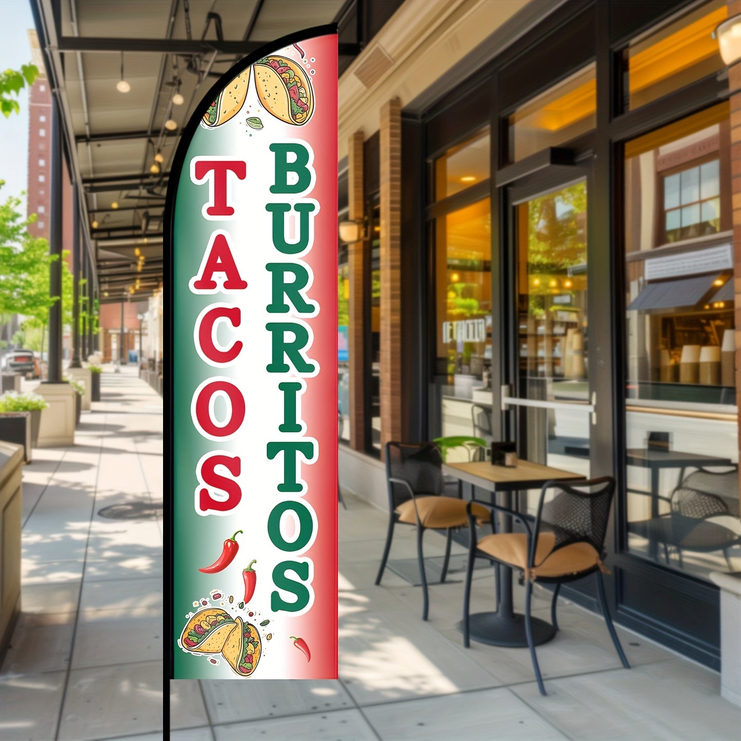 Tacos Burritos Feather Flag with Pole Kit | Bold Double-Sided Print, 1.6x6.6Ft Outdoor Advertising Swooper Banner, Restaurant Food Sign, Mexican Street Food Promo Flag, Polyester Fiber, Pole Mount, Brand: WOANIXY