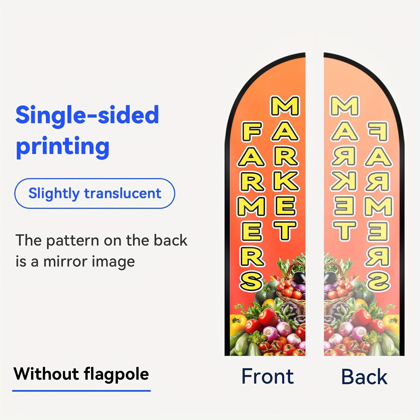 1pc farmers market Feather Flag, Outdoor Flags, Store Signboard Banner, Suitable for Commercial Advertising Promotions, 48.77x201.17cm, Polyester Fabric, Double or Single sided Printing, Anti fading, Weather resistant. Flag only (excluding flagpole)
