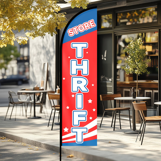 1pc Vintage Thrift Store Flag Banner - Red, White & Blue Polyester Fabric with "THRIFT" Text, Pole Mount for Indoor/Outdoor Use, Perfect for Storefronts & Home Decor, Thrift Store