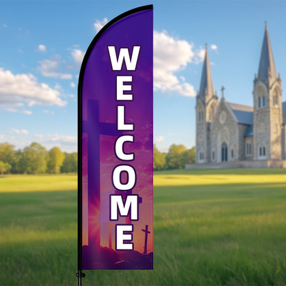Church Welcome Feather With Pole Kit, Christian Outdoor/Indoor Worship Banner - Portable Church Sign With Welcome Signage For Easter, Weddings, Funerals - Ideal For Doorways, Events, And Church Displays -- Durable And Easy Setup