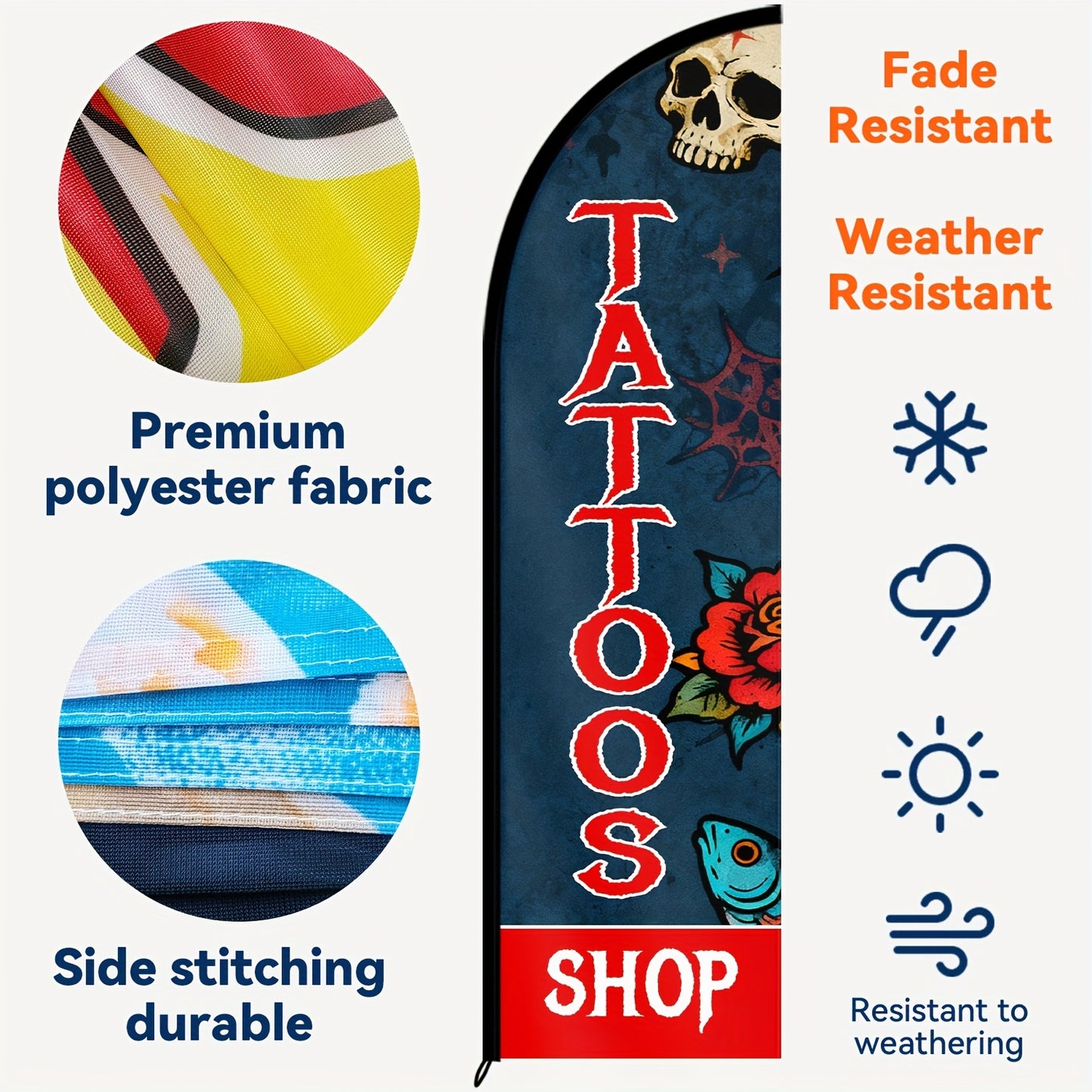 Tattoos Shop Feather Flag with Pole Kit, Tattoo Open Sign Banner for Business, Outdoor Advertising Swooper Flag for Tattoo Studio Promotion Display, Optional Aluminum Pole, Durable Polyester Fabric