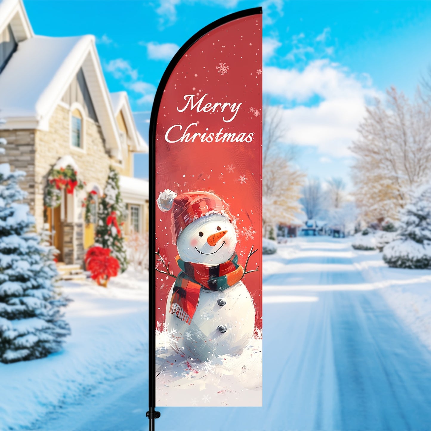 Merry Christmas Feather Flag with Pole, Outdoor Christmas Advertising Vertical Flag, Santa Claus Welcome Flag, Christmas Tree Snowflake Ornament Decorative Flag, Shop Holiday Promotion Display Flag, Christmas Party Event Welcome Banner, Outdoor