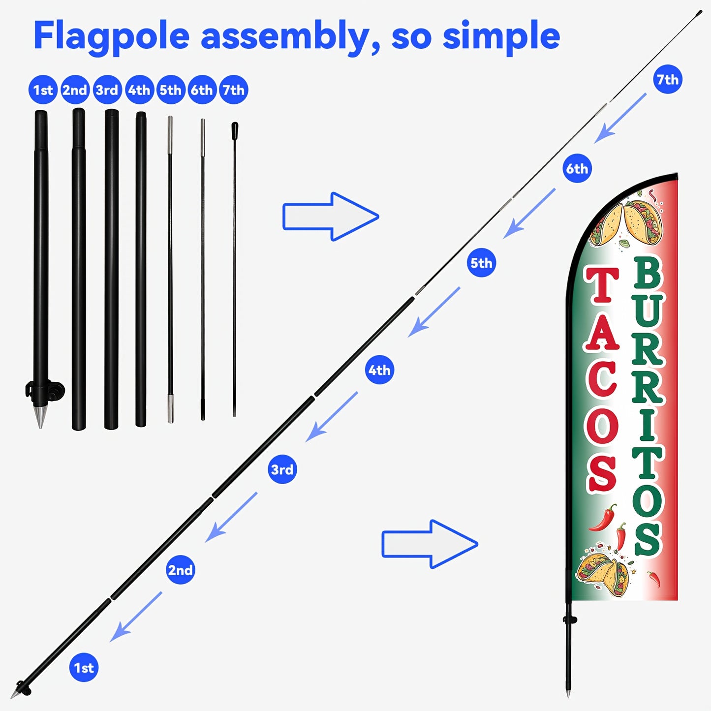 Tacos Burritos Feather Flag with Pole Kit | Bold Double-Sided Print, 1.6x6.6Ft Outdoor Advertising Swooper Banner, Restaurant Food Sign, Mexican Street Food Promo Flag, Polyester Fiber, Pole Mount, Brand: WOANIXY