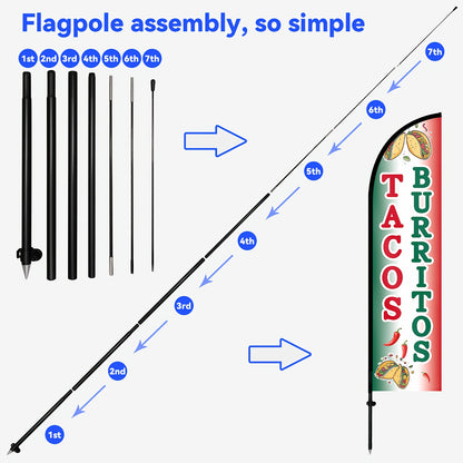Tacos Burritos Feather Flag with Pole Kit | Bold Double-Sided Print, 1.6x6.6Ft Outdoor Advertising Swooper Banner, Restaurant Food Sign, Mexican Street Food Promo Flag, Polyester Fiber, Pole Mount, Brand: WOANIXY