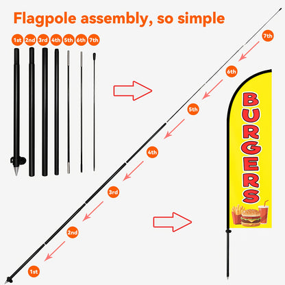 1pc Burgers Feather Flag with Flagpole, Advertising Banner for Burger Shop, Fast Food Signage, 72.8x19.7in, Optional Aluminum Pole, Burger Flag for Restaurant Business, Durable Polyester Fabric, Restaurant Marketing, Business Branding, Vibrant Design, Pro
