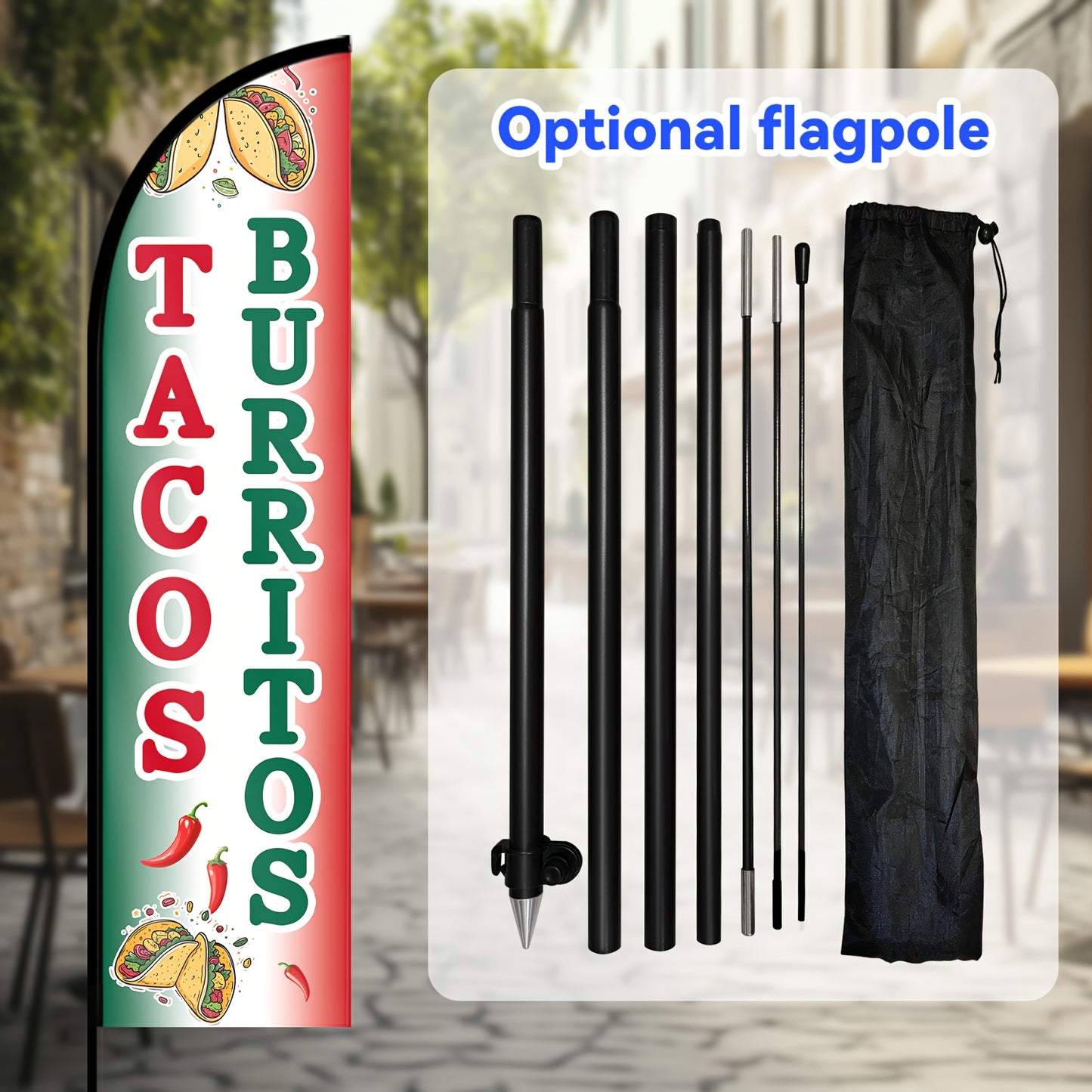 Tacos Burritos Feather Flag with Pole Kit | Bold Double-Sided Print, 1.6x6.6Ft Outdoor Advertising Swooper Banner, Restaurant Food Sign, Mexican Street Food Promo Flag, Polyester Fiber, Pole Mount, Brand: WOANIXY