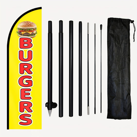 1pc Burgers Feather Flag with Pole, Burger Advertising Banner, Outdoor Fast Food Flag Kit, Street Food Signage, Burger Truck Promotion Flag, Restaurant Display Flag, 50x185cm/72.8*19.7inches, Eye-Catching Storefront Feather Flag, Polyester Material