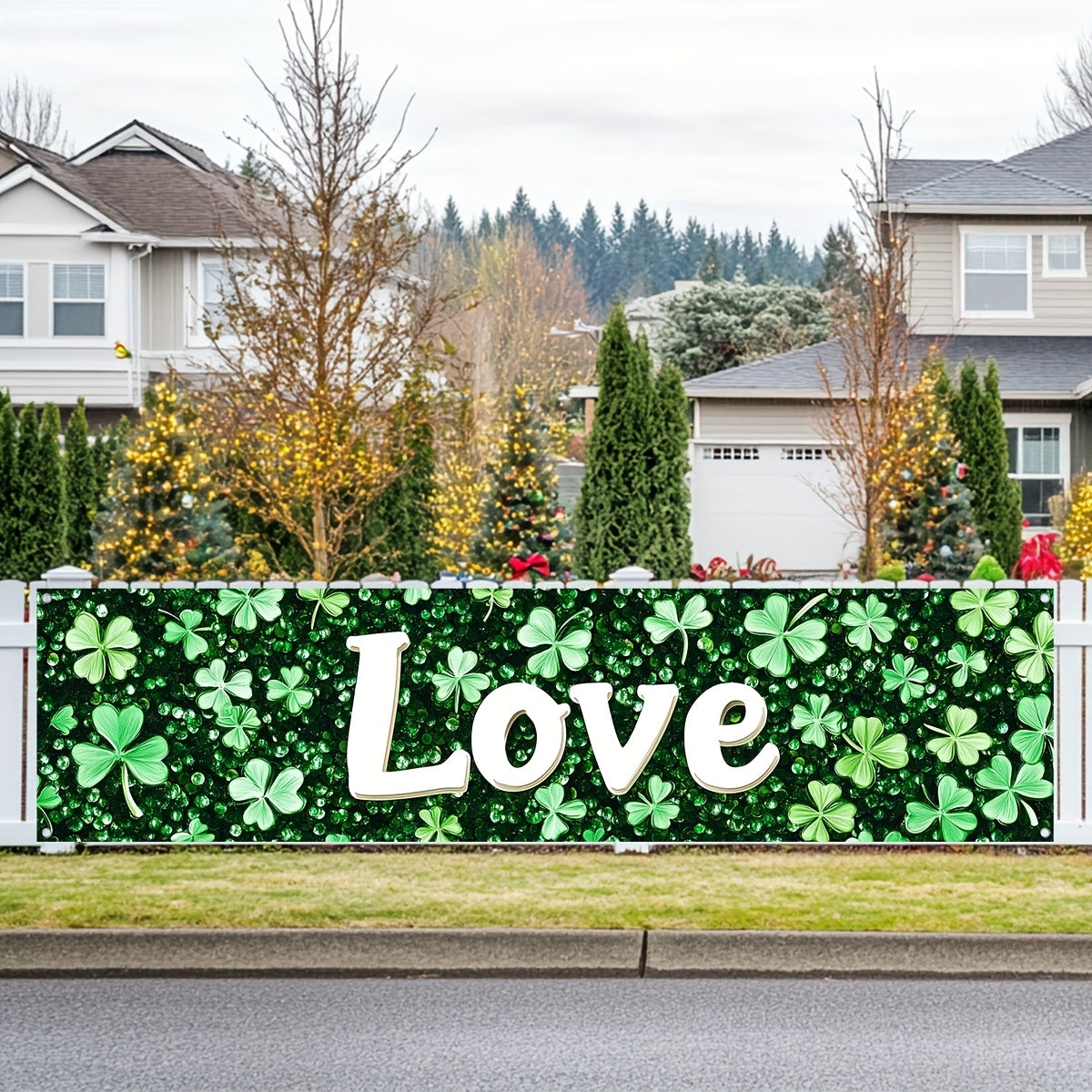 A St. Patrick'S Day Outdoor Banner Featuring a Green Design, Love, Festive Decorations, Made of Polyester Fabric, with 4 Grommets for Easy Hanging.