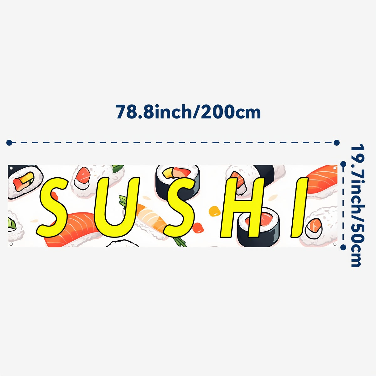 A Sushi Banner, Featuring a Sushi Shop Logo, Sushi Flag, Store Decoration Banner, Measuring 50*200Cm/19.7*78.8 Inches, Made of Polyester Fabric, with High-Definition Printing, And Includes 4 Grommets for Easy Hanging