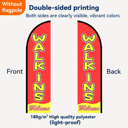 1pc Walk-Ins Welcome Sign - Double-Sided/Single-Sided Portable Feather Flag with Pole Installation for Outdoor Advertising, Store Promotion & Opening Banners - Eye-Catching Business Signage (Flag Only - Pole Not Included) 1pc-PNYE