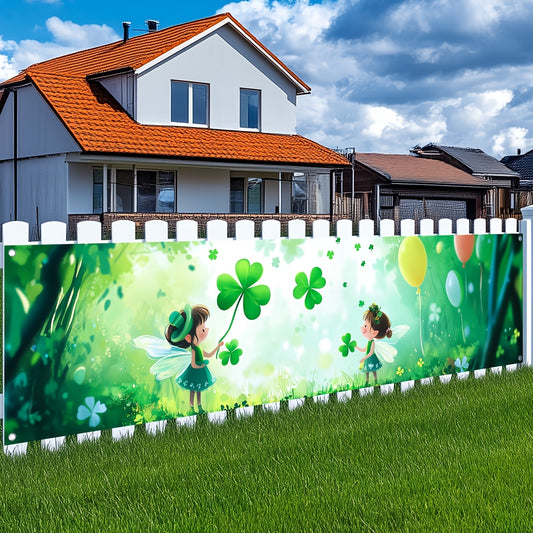 A St. Patrick'S Day Flag Banner, Perfect for Outdoor Festival Decoration, Suitable for Yards And Indoor Decor, Featuring an Illustrated Design with Shamrocks, Made of Polyester Fabric, And Includes 4 Grommets for Easy Hanging.