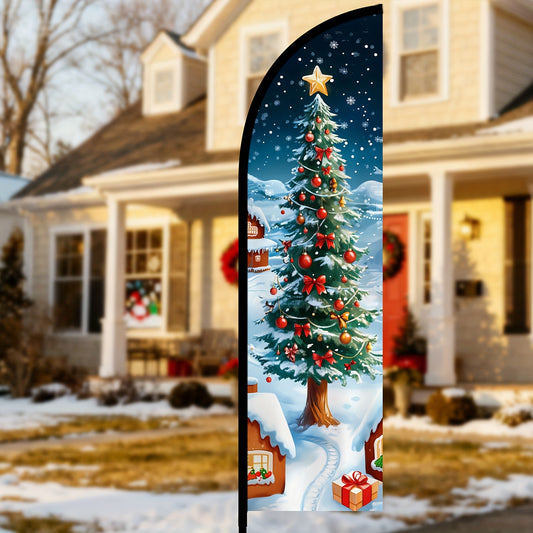 Christmas Feather Flag with Pole Kit, Outdoor Holiday Decoration Banner, Christmas Tree Advertising Flag, Winter Festival Yard Sign, Storefront Holiday Display Flag, Optional Aluminum or Fiberglass Pole, Durable Polyester Fabric