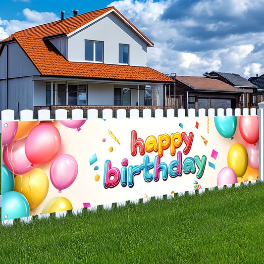 1pc Happy Birthday Banner Decoration, Happy Birthday Outdoor Yard Decoration, Fence Banner Decoration, Happy Birthday, Colorful Balloon Illustration, Suitable for Outdoor and Indoor Decoration. Polyester Fabric, Banner, with 4 Pads for Easy Hanging