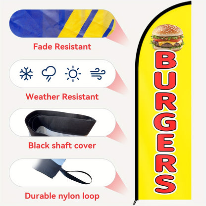 1pc Burgers Feather Flag with Pole, Burger Advertising Banner, Outdoor Fast Food Flag Kit, Street Food Signage, Burger Truck Promotion Flag, Restaurant Display Flag, 50x185cm/72.8*19.7inches, Eye-Catching Storefront Feather Flag, Polyester Material