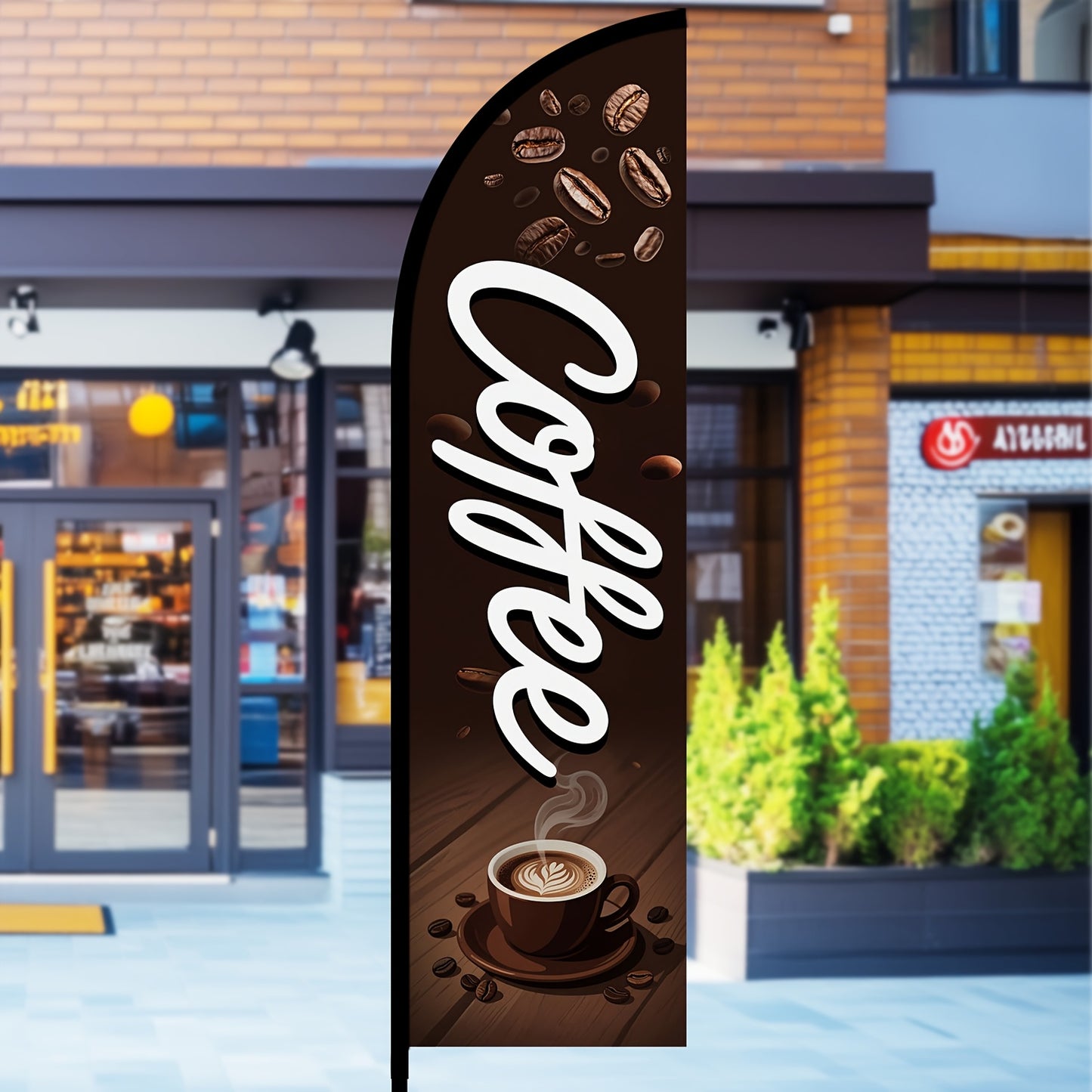 1pc Coffee Feather Banner with Flagpole, Outdoor Cafe Sign, Freshly Brewed Coffee Display, Coffee Shop Promotion Flag, Roadside Advertising Flag, 184.91X50.04 cm, Optional Pole, Sturdy Polyester, Weatherproof