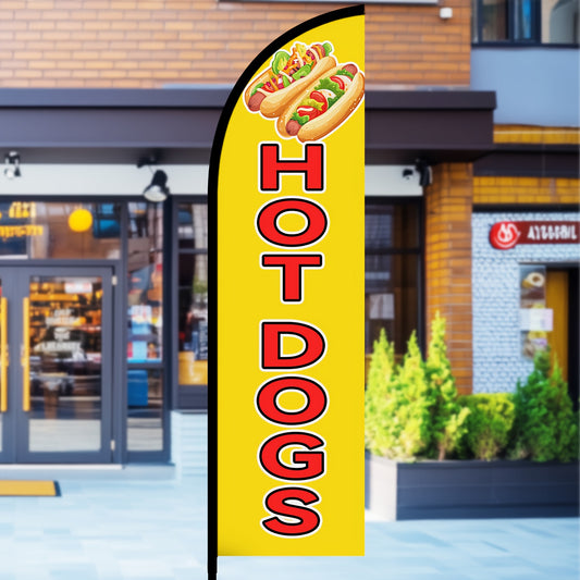 1pc Hot Dogs Feather Flag with Flagpole - 50x185cm/72, 8x19, 7inches Durable Polyester Food Banner for Fast Food Stands & Shopfronts, Eye-Catching Snack Sign with Optional Aluminum Pole Kit, Vibrant Red & White Design, Perfect for Promoting Hot Dogs & Mor
