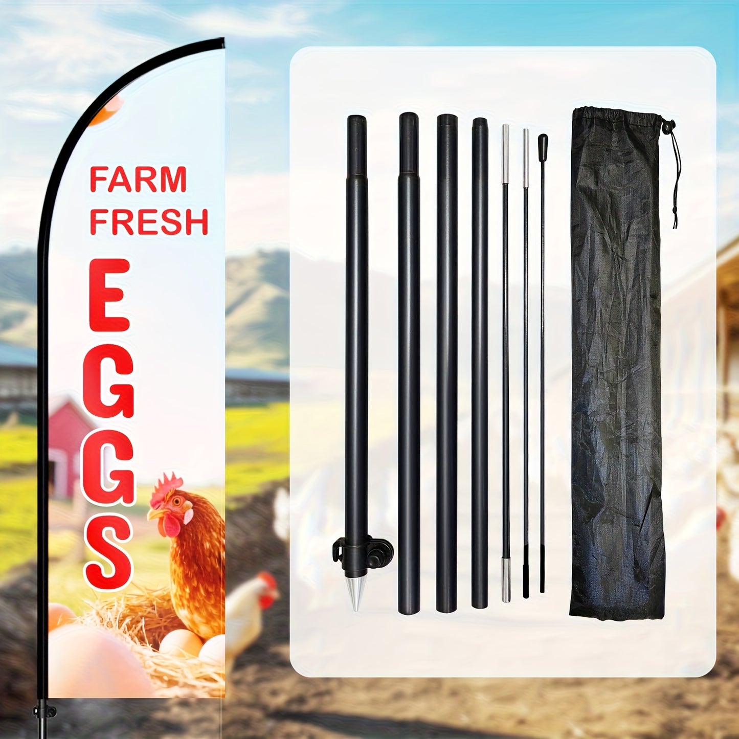 1pc Fresh Eggs Feather Flag with Pole Kit, Eggs Sign for, Fresh Eggs Banner, Outdoor Eggs Flag, Aluminum Pole & Ground Spike, HD Print, Durable 110g Warp Knitted Polyester