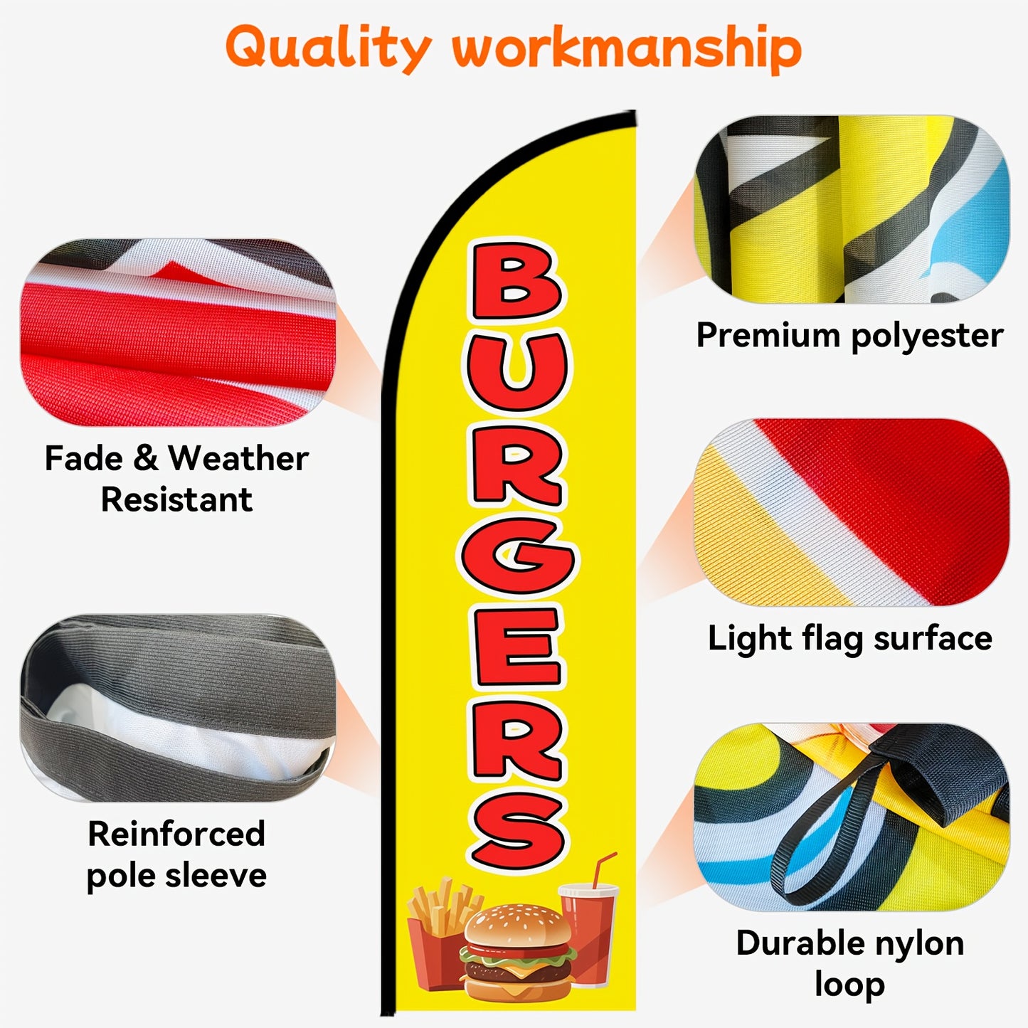 1pc Burgers Feather Flag with Flagpole, Advertising Banner for Burger Shop, Fast Food Signage, 72.8x19.7in, Optional Aluminum Pole, Burger Flag for Restaurant Business, Durable Polyester Fabric, Restaurant Marketing, Business Branding, Vibrant Design, Pro