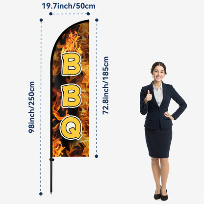 1pc Large Tall BBQ Feather Flag with Flagpole & Optional Aluminum Pole Kit - Heavy-Duty 72.8"x19.7" (50x185cm) Barbecue Banner, Durable Polyester Outdoor/Indoor Advertising Sign for Restaurants, Trucks, Grill Events, Catering - Easy Setup