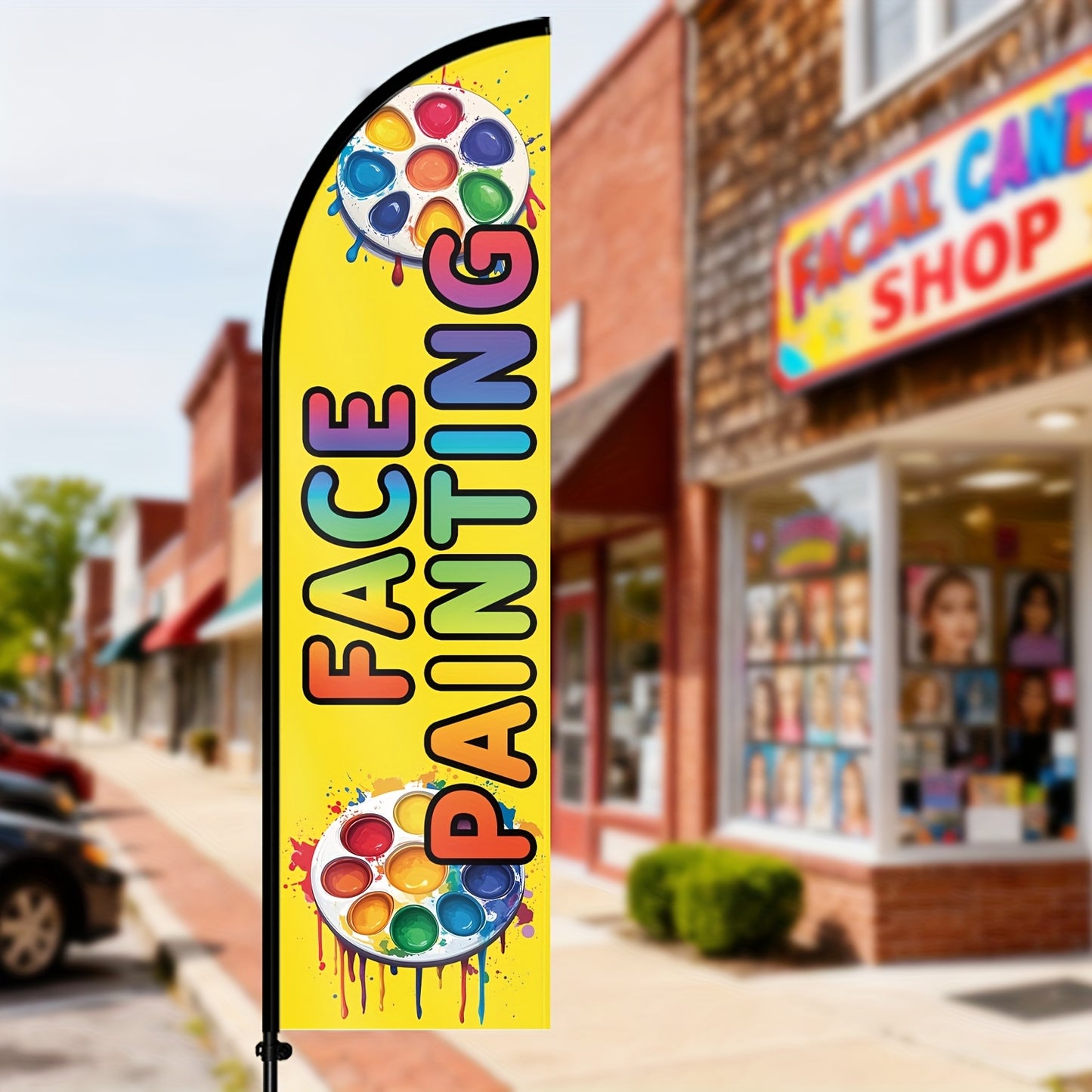 1pc Face Painting Feather Flag, Face Painting Open Sign Banner for Business, Outdoor Advertising Swooper Flag for Party Event Booth Display, Optional Aluminum Pole, Durable Polyester Fabric
