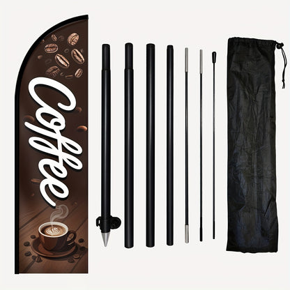 1pc Coffee Feather Banner with Flagpole, Outdoor Cafe Sign, Freshly Brewed Coffee Display, Coffee Shop Promotion Flag, Roadside Advertising Flag, 184.91X50.04 cm, Optional Pole, Sturdy Polyester, Weatherproof