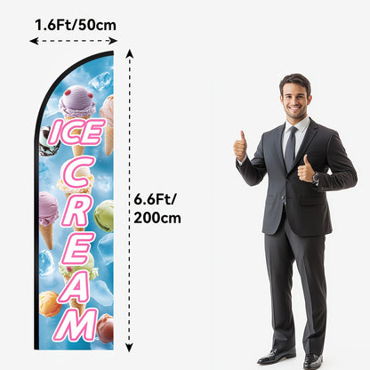Ice Cream Feather Flag With Pole Kit | Double-Sided Print Outdoor Swooper Banner, 1.6x6.6Ft, Polyester, Pole Mount, Food Shop Advertising Sign, Dessert Store Promotion Flag by WOANIXY