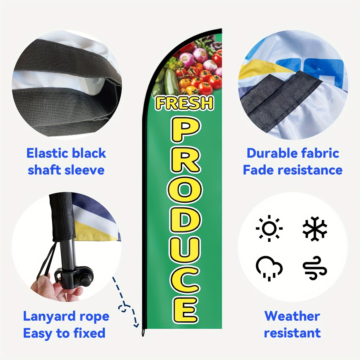 1pc Fresh Produce Feather Flag, Outdoor Flags, Store Signboard Banner, Suitable for Commercial Advertising Promotions, 48.77x201.17cm, Polyester Fabric, Double or Single sided Printing, Anti fading, Weather resistant. Flag only (excluding flagpole)