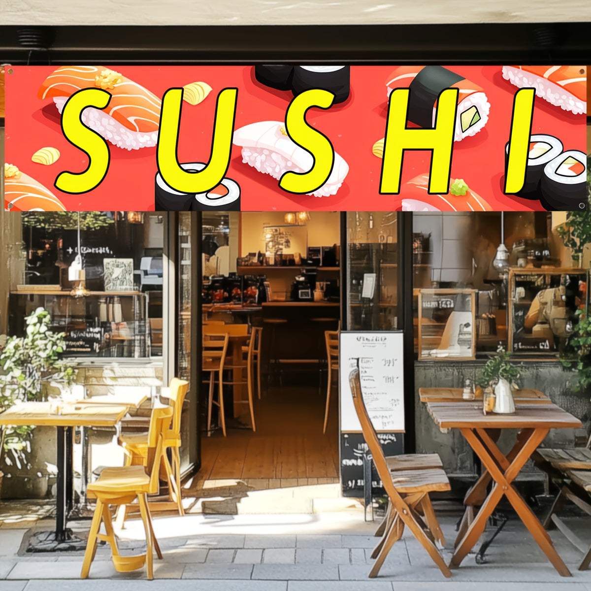 A Sushi Banner, Featuring a Sushi Shop Logo, Sushi Flag, Store Decoration Banner, Measuring 50*200Cm/19.7*78.8 Inches, Made of Polyester Fabric, with High-Definition Printing, And Includes 4 Grommets for Easy Hanging