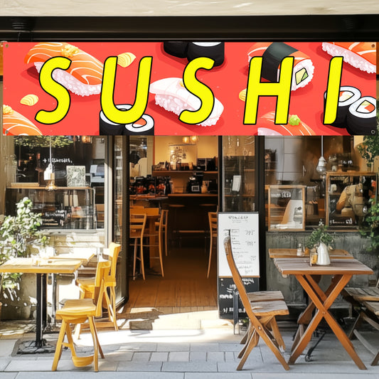 A Sushi Banner, Featuring a Sushi Shop Logo, Sushi Flag, Store Decoration Banner, Measuring 50*200Cm/19.7*78.8 Inches, Made of Polyester Fabric, with High-Definition Printing, And Includes 4 Grommets for Easy Hanging