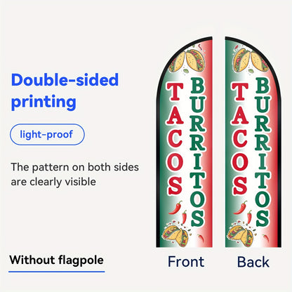 Tacos Burritos Feather Flag with Pole Kit | Bold Double-Sided Print, 1.6x6.6Ft Outdoor Advertising Swooper Banner, Restaurant Food Sign, Mexican Street Food Promo Flag, Polyester Fiber, Pole Mount, Brand: WOANIXY