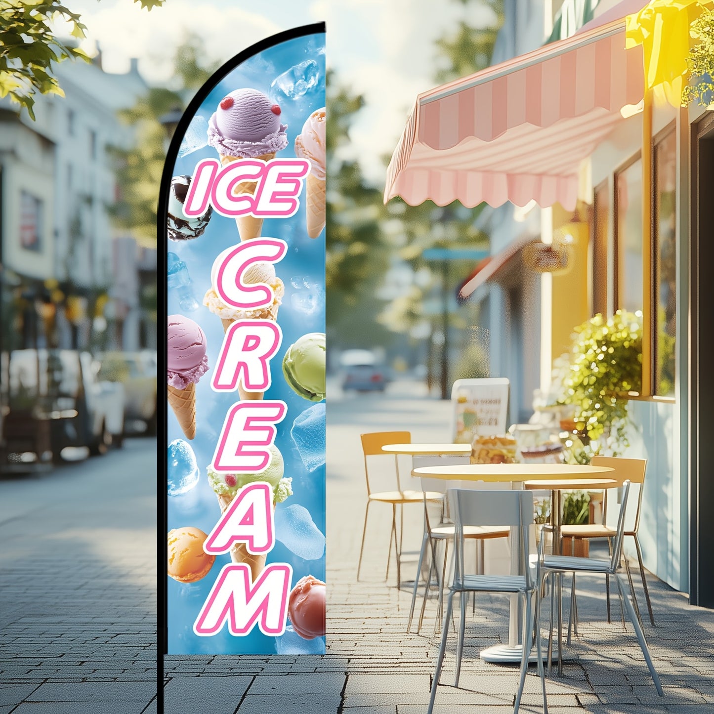 Ice Cream Feather Flag With Pole Kit | Double-Sided Print Outdoor Swooper Banner, 1.6x6.6Ft, Polyester, Pole Mount, Food Shop Advertising Sign, Dessert Store Promotion Flag by WOANIXY