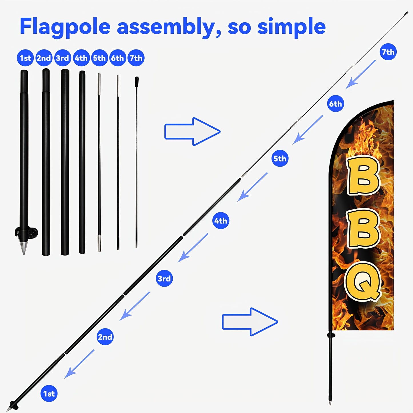 1pc Large Tall BBQ Feather Flag with Flagpole & Optional Aluminum Pole Kit - Heavy-Duty 72.8"x19.7" (50x185cm) Barbecue Banner, Durable Polyester Outdoor/Indoor Advertising Sign for Restaurants, Trucks, Grill Events, Catering - Easy Setup