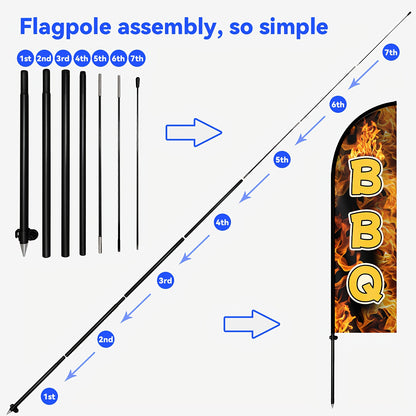 1pc Large Tall BBQ Feather Flag with Flagpole & Optional Aluminum Pole Kit - Heavy-Duty 72.8"x19.7" (50x185cm) Barbecue Banner, Durable Polyester Outdoor/Indoor Advertising Sign for Restaurants, Trucks, Grill Events, Catering - Easy Setup