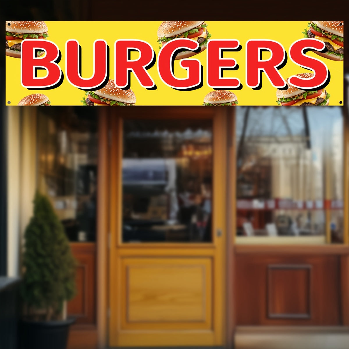 1pc Burgers Banner, Burger Shop Sign for Restaurant, Fast Food Banner for Deli, Snack Bar, Outdoor Advertising Flag 50x200cm / 78.8x19.7in, Large Vertical Sign for Food Truck or Booth, Durable Polyester Fabric, 4 Grommets for Easy Hanging