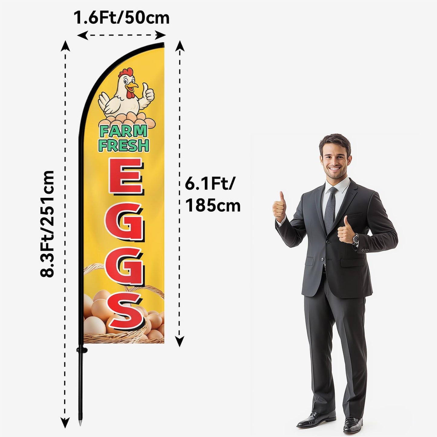 Farm Fresh Eggs Feather Flag with Pole Kit, Double-Sided Outdoor Swooper Banner, Durable Polyester, 8FT Windless Advertising Sign for Farmers Market, Roadside Stand, Poultry Farm, Flag(Double-sided) and Flagpoles