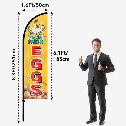 Farm Fresh Eggs Feather Flag with Pole Kit, Double-Sided Outdoor Swooper Banner, Durable Polyester, 8FT Windless Advertising Sign for Farmers Market, Roadside Stand, Poultry Farm, Flag(Double-sided) and Flagpoles
