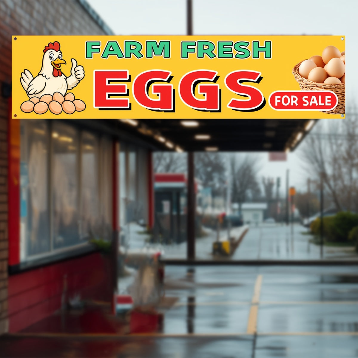 1pc Farm Fresh Eggs for Banner - Vibrant Red & Yellow Outdoor Flag with Chick Illustration, Polyester Fabric, High-Definition Print, 50x200cm, Easy Hang with 4 Grommets, Perfect for Direct Farm Advertising, Farm Advertising Sign|Vibrant Visual Appeal|Weat