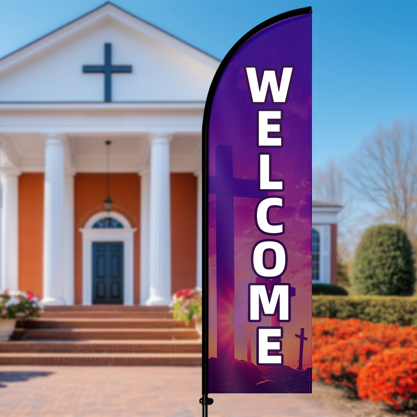 Church Welcome Feather With Pole Kit, Christian Outdoor/Indoor Worship Banner - Portable Church Sign With Welcome Signage For Easter, Weddings, Funerals - Ideal For Doorways, Events, And Church Displays -- Durable And Easy Setup