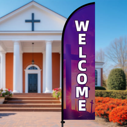 Church Welcome Feather With Pole Kit, Christian Outdoor/Indoor Worship Banner - Portable Church Sign With Welcome Signage For Easter, Weddings, Funerals - Ideal For Doorways, Events, And Church Displays -- Durable And Easy Setup