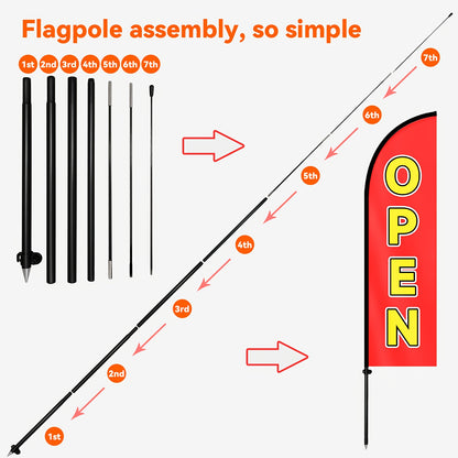 OPEN Feather Flag with Pole Kit, 1.6x6.1ft Swooper Banner, Outdoor Business Sign Flag, Durable Polyester Advertising Flag for Restaurant, Barber Shop, Coffee Shop, Convenience Store