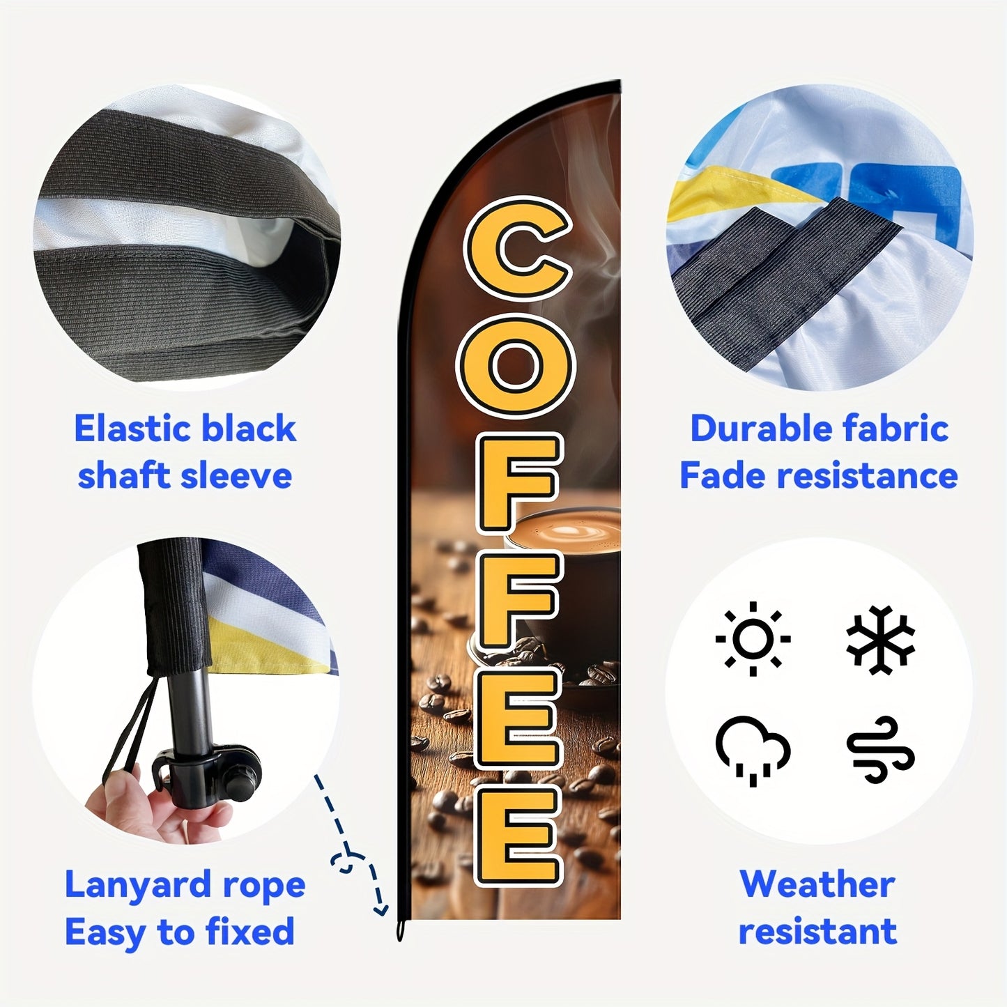 1pc WOANIXY Coffee Feather Flag, 48.77x201.17cm, Polyester Fabric, Double or Single Sided Printing, Anti Fading, Weather Resistant, Multipurpose, with Outdoor Store Signboard Banner, for Commercial Advertising Promotions