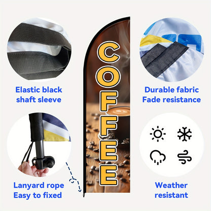 1pc WOANIXY Coffee Feather Flag, 48.77x201.17cm, Polyester Fabric, Double or Single Sided Printing, Anti Fading, Weather Resistant, Multipurpose, with Outdoor Store Signboard Banner, for Commercial Advertising Promotions